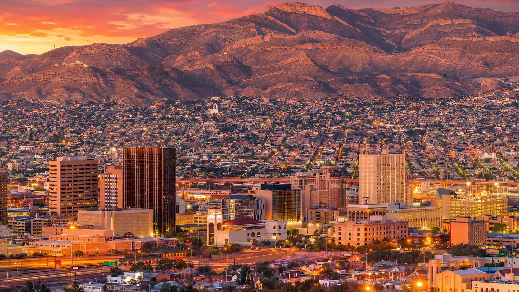 El Paso skyline at golden hour with the Franklin Mountains