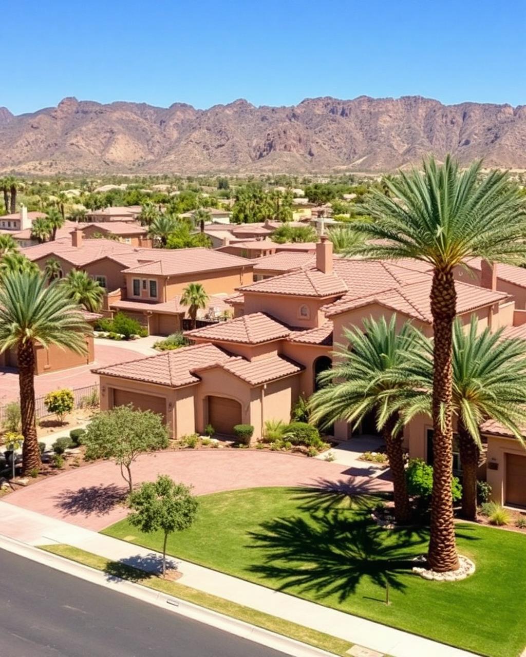 Upscale residential neighborhood in El Paso, Texas with stucco homes and mountain backdrop