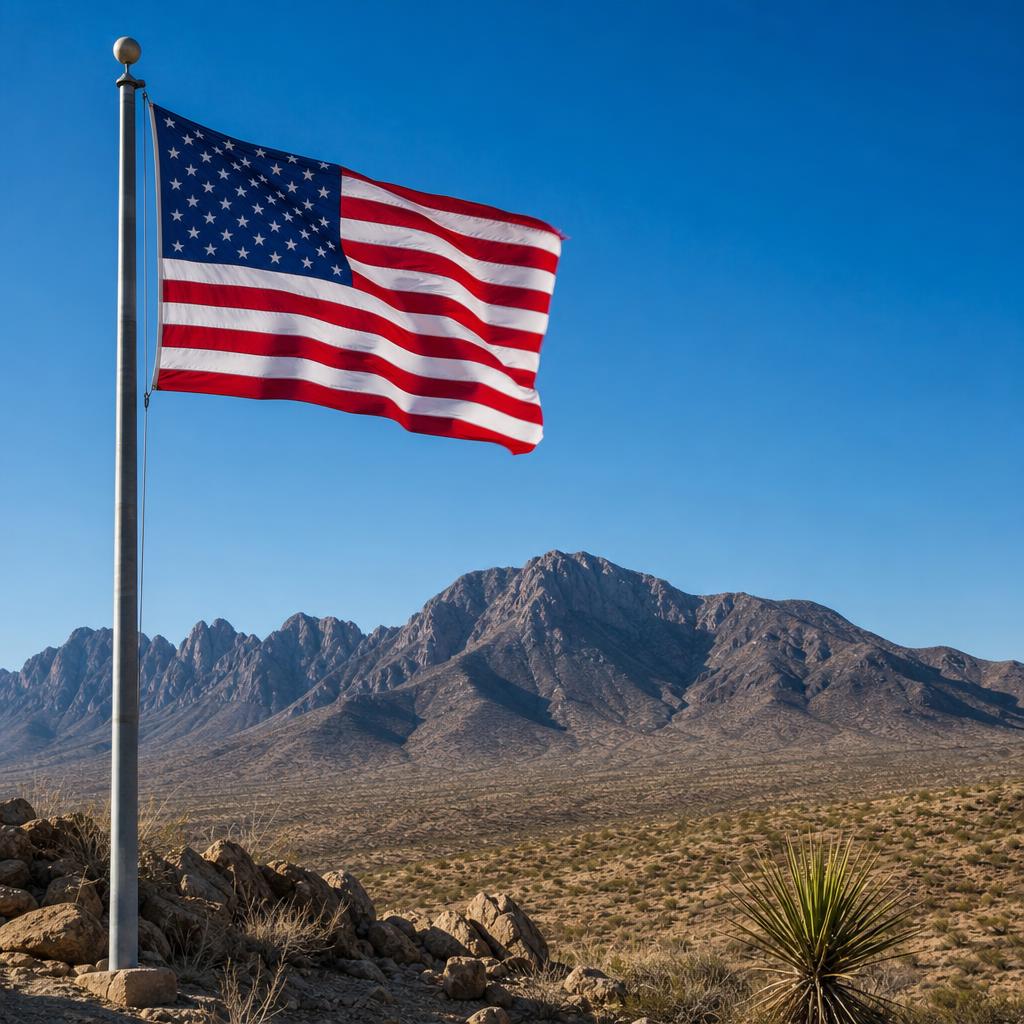 American flag and Franklin Mountains near Fort Bliss in El Paso, Texas